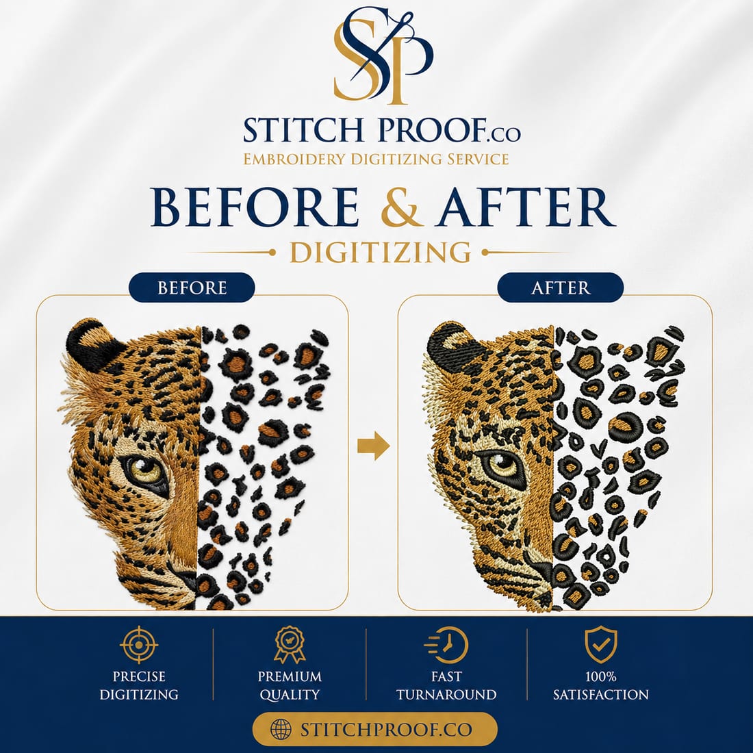 Before and after embroidery digitizing — flat artwork converted to a clean stitch file by StitchProof