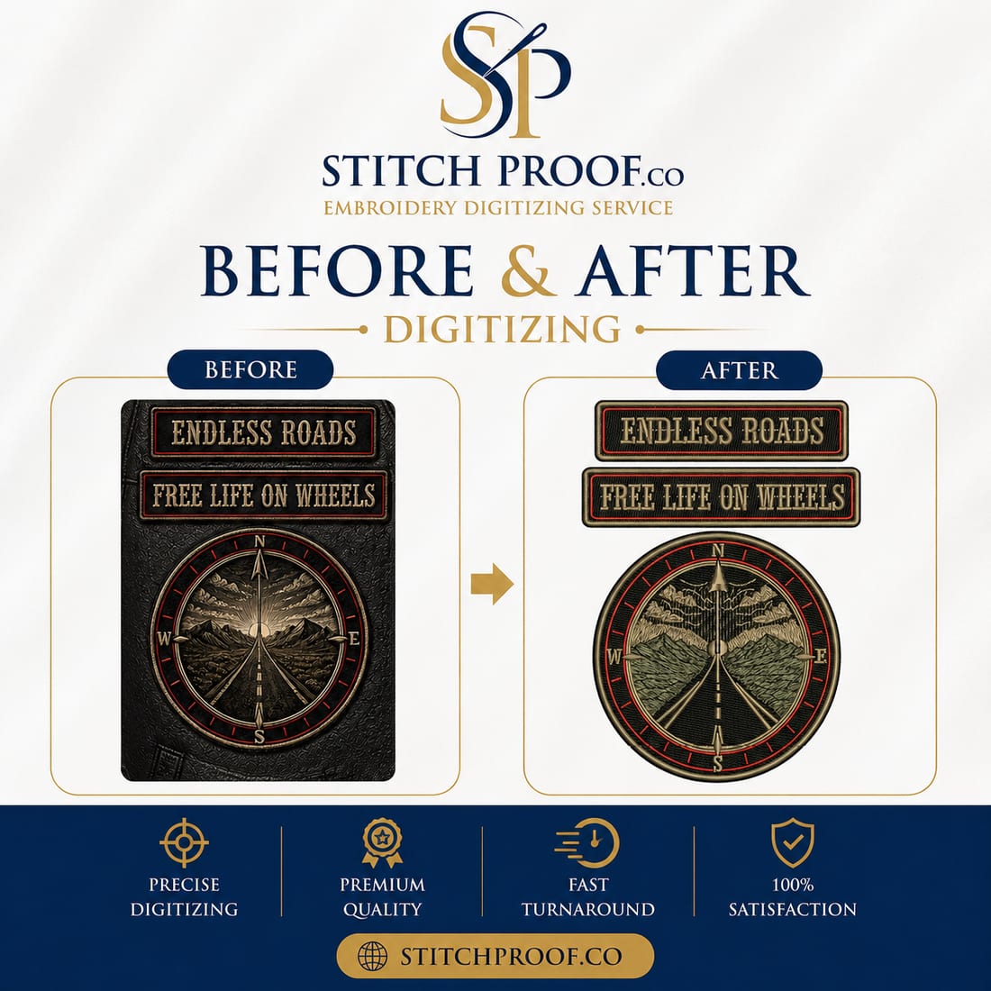 Before and after embroidery digitizing — flat artwork converted to a stitch file by StitchProof (sample 2)