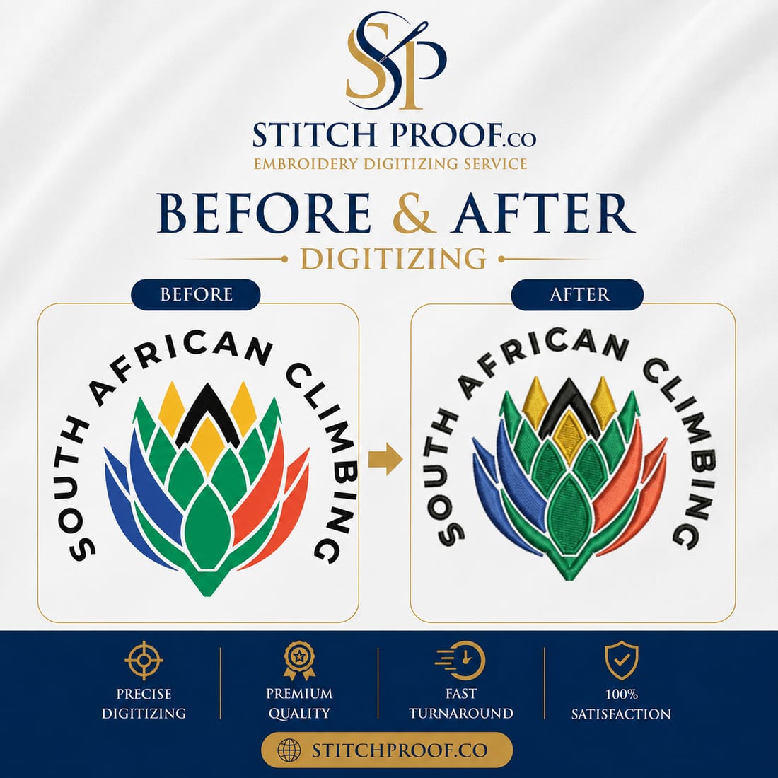 Before and after embroidery digitizing — flat artwork converted to a stitch file by StitchProof (sample 3)