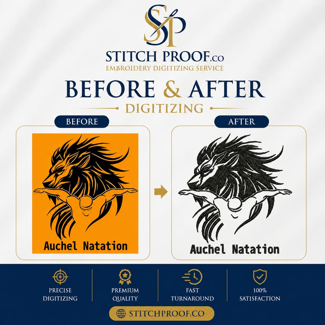 Before and after embroidery digitizing sample by StitchProof