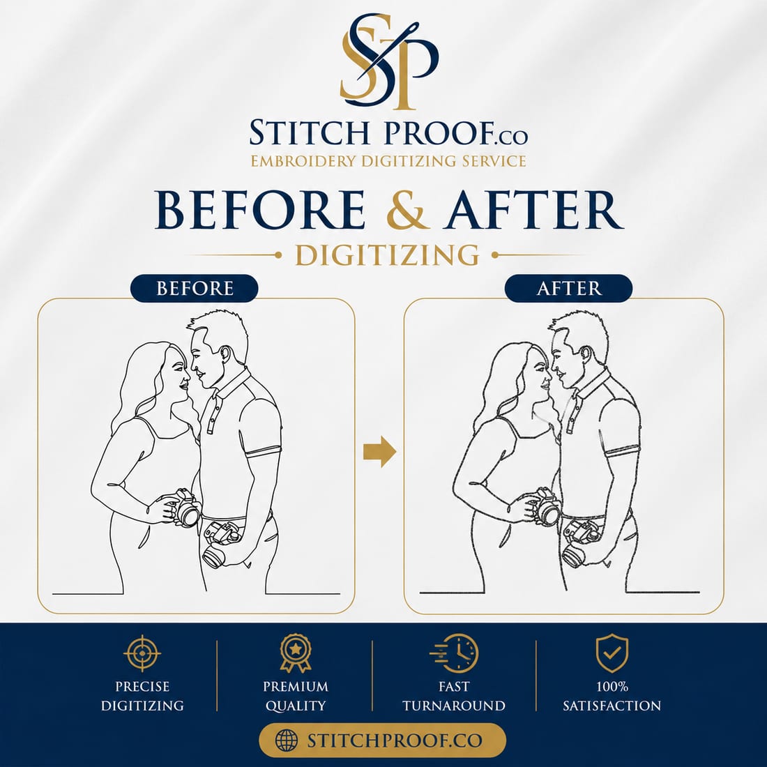 Before and after embroidery digitizing — flat artwork converted to a stitch file by StitchProof (sample 6)