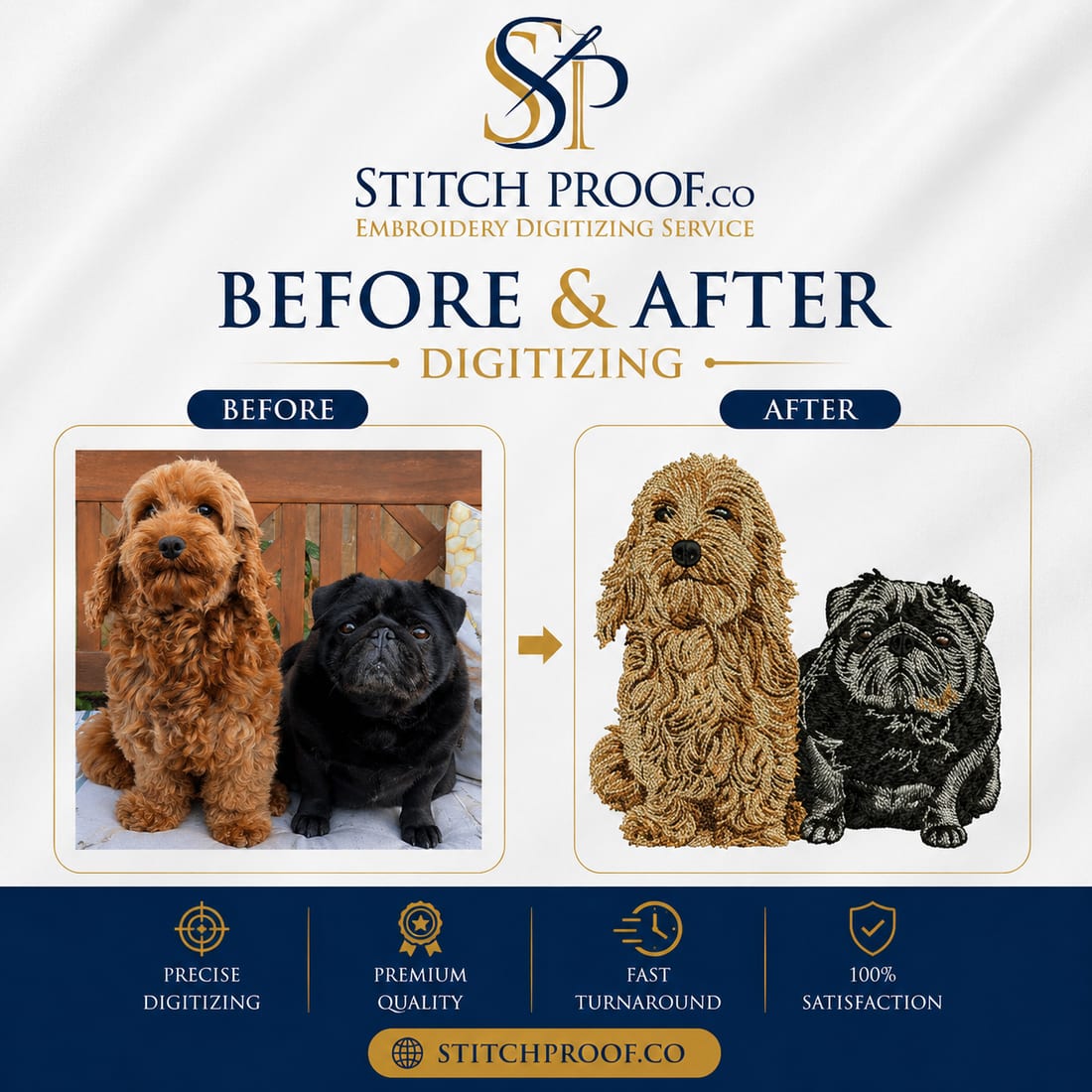 Before and after embroidery digitizing — flat artwork converted to a stitch file by StitchProof (sample 7)