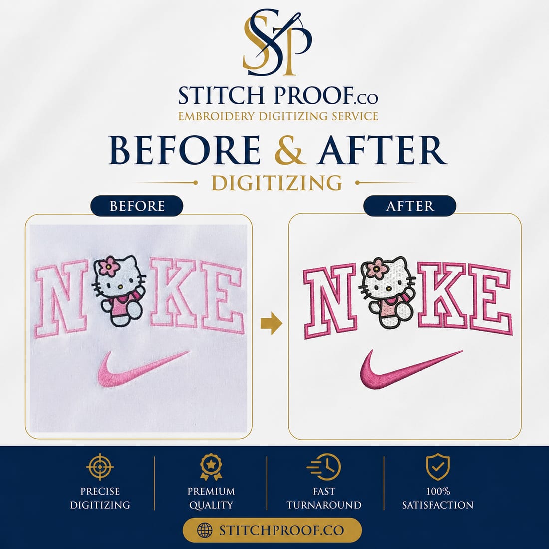 Before and after embroidery digitizing — flat artwork converted to a stitch file by StitchProof (sample 8)