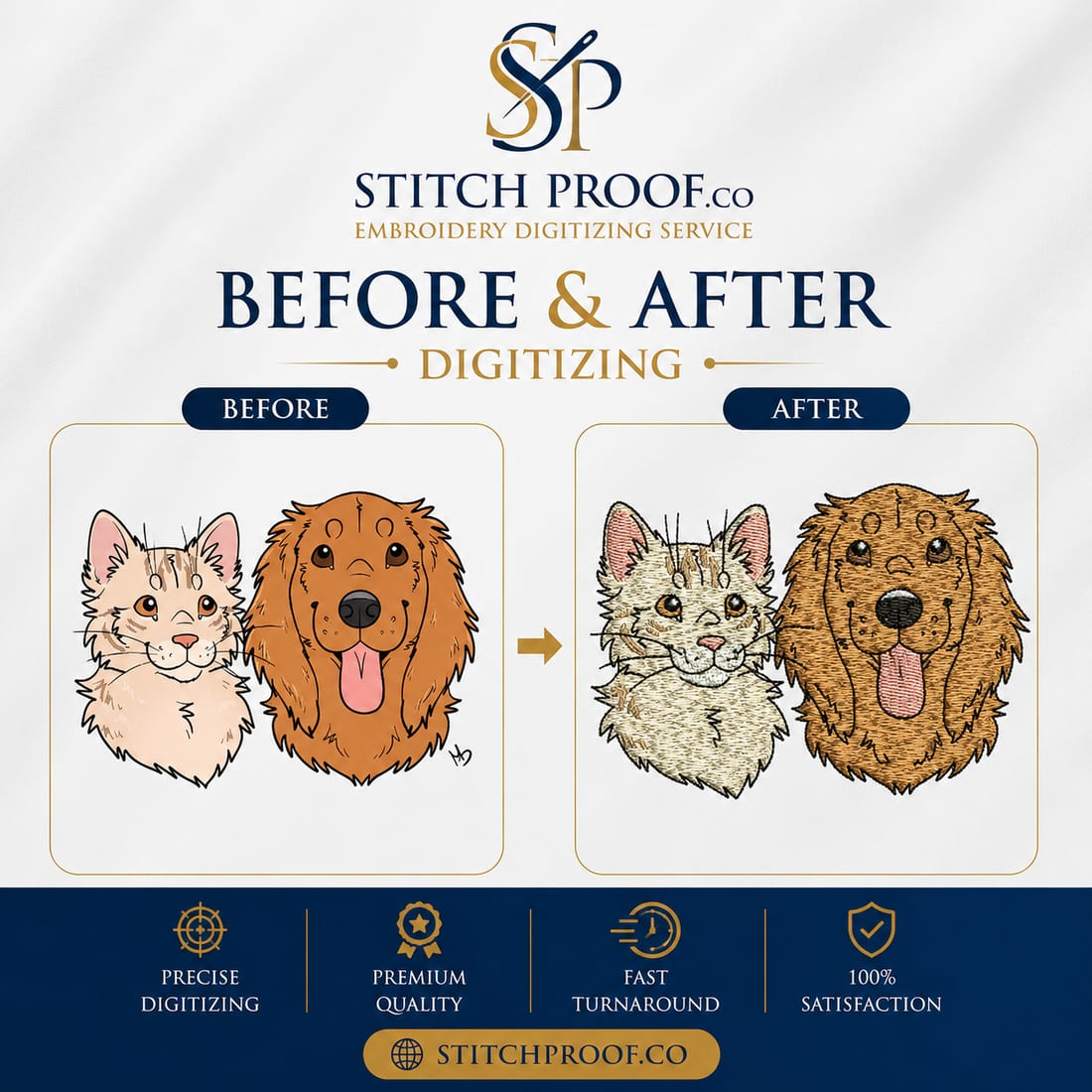 Before and after embroidery digitizing sample by StitchProof