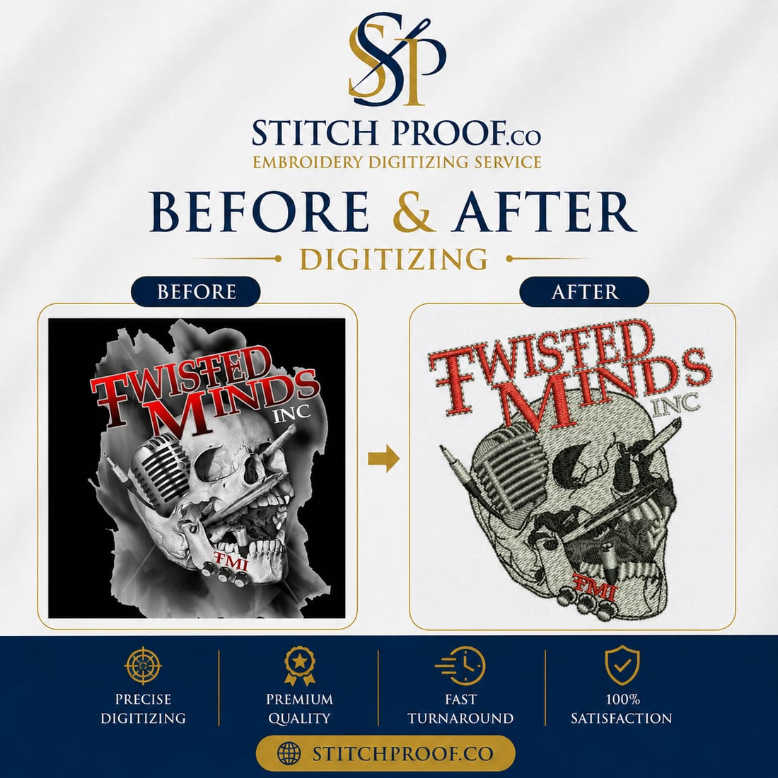 Before and after embroidery digitizing — flat artwork converted to a stitch file by StitchProof (sample 10)