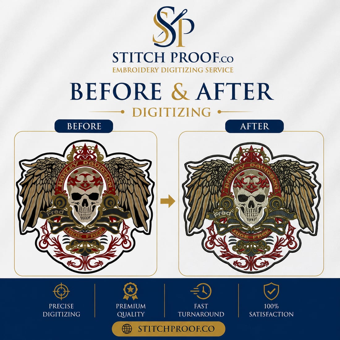 Before and after embroidery digitizing — flat artwork converted to a stitch file by StitchProof (sample 11)