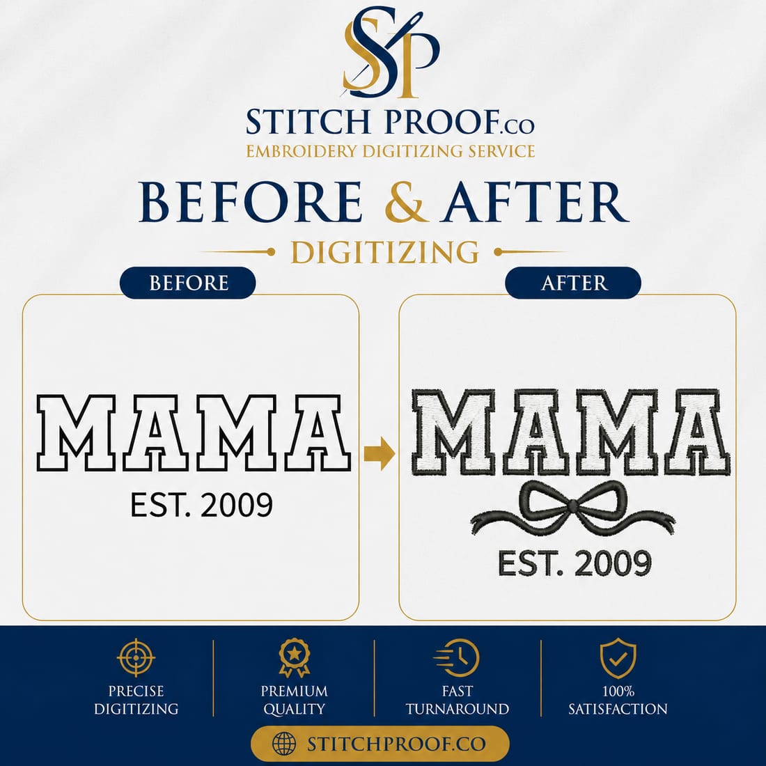 Before and after embroidery digitizing — flat artwork converted to a stitch file by StitchProof (sample 13)