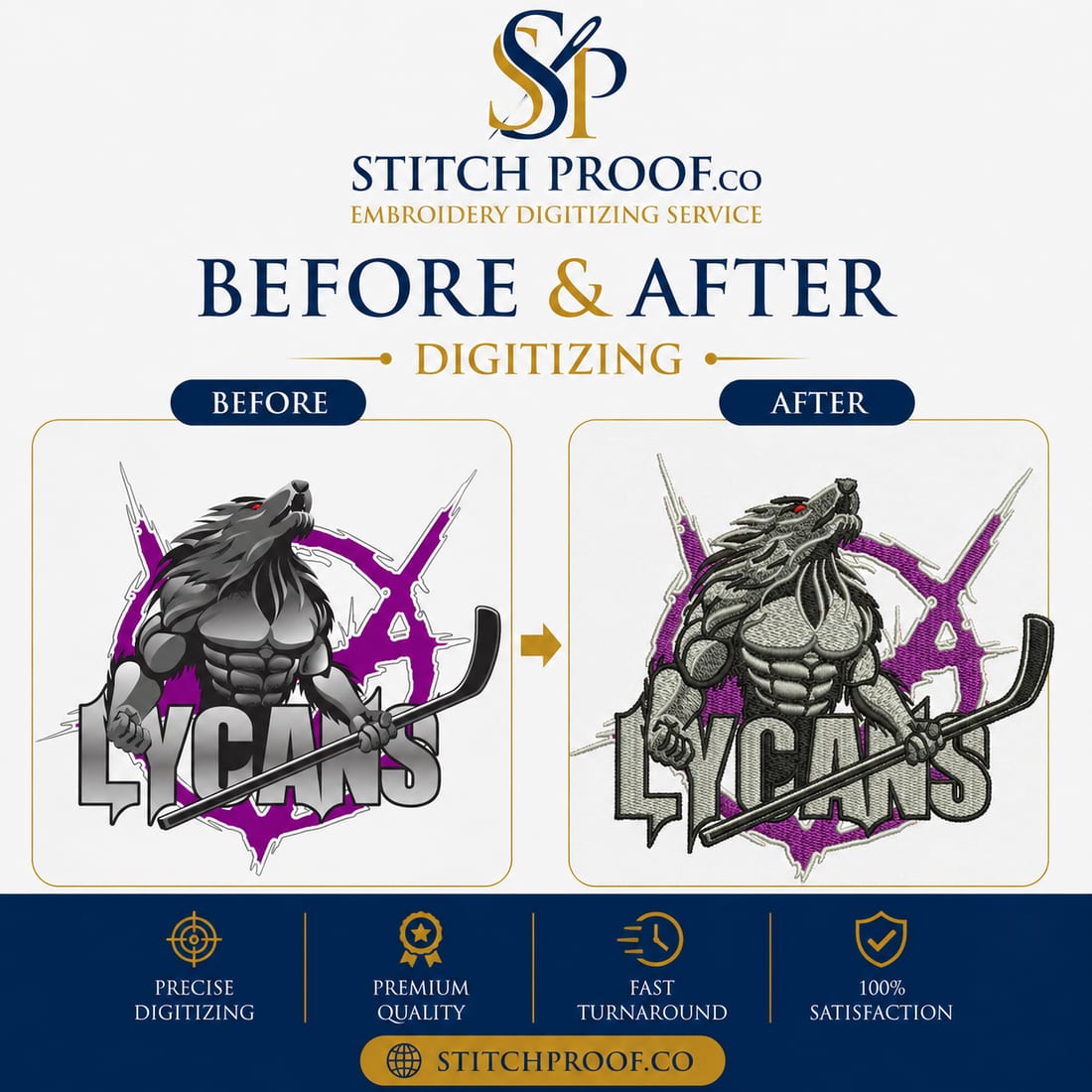 Before and after embroidery digitizing sample by StitchProof