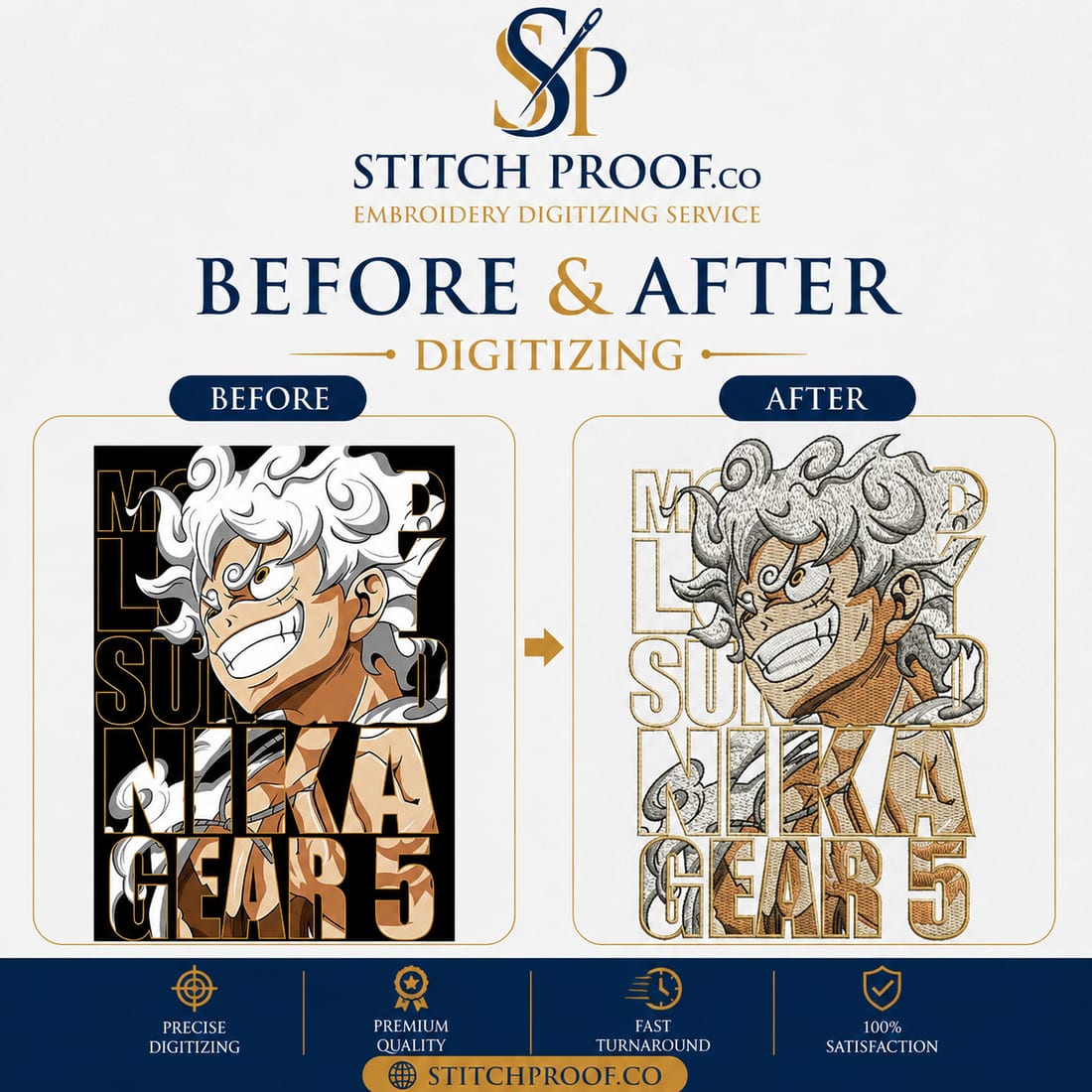 Before and after embroidery digitizing — flat artwork converted to a stitch file by StitchProof (sample 15)