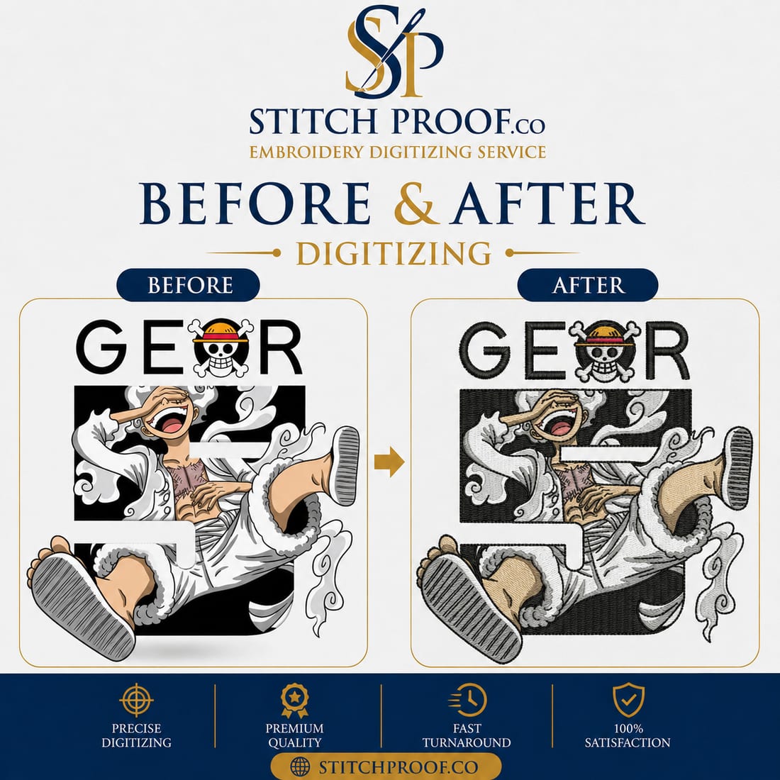 Before and after embroidery digitizing — flat artwork converted to a stitch file by StitchProof (sample 16)