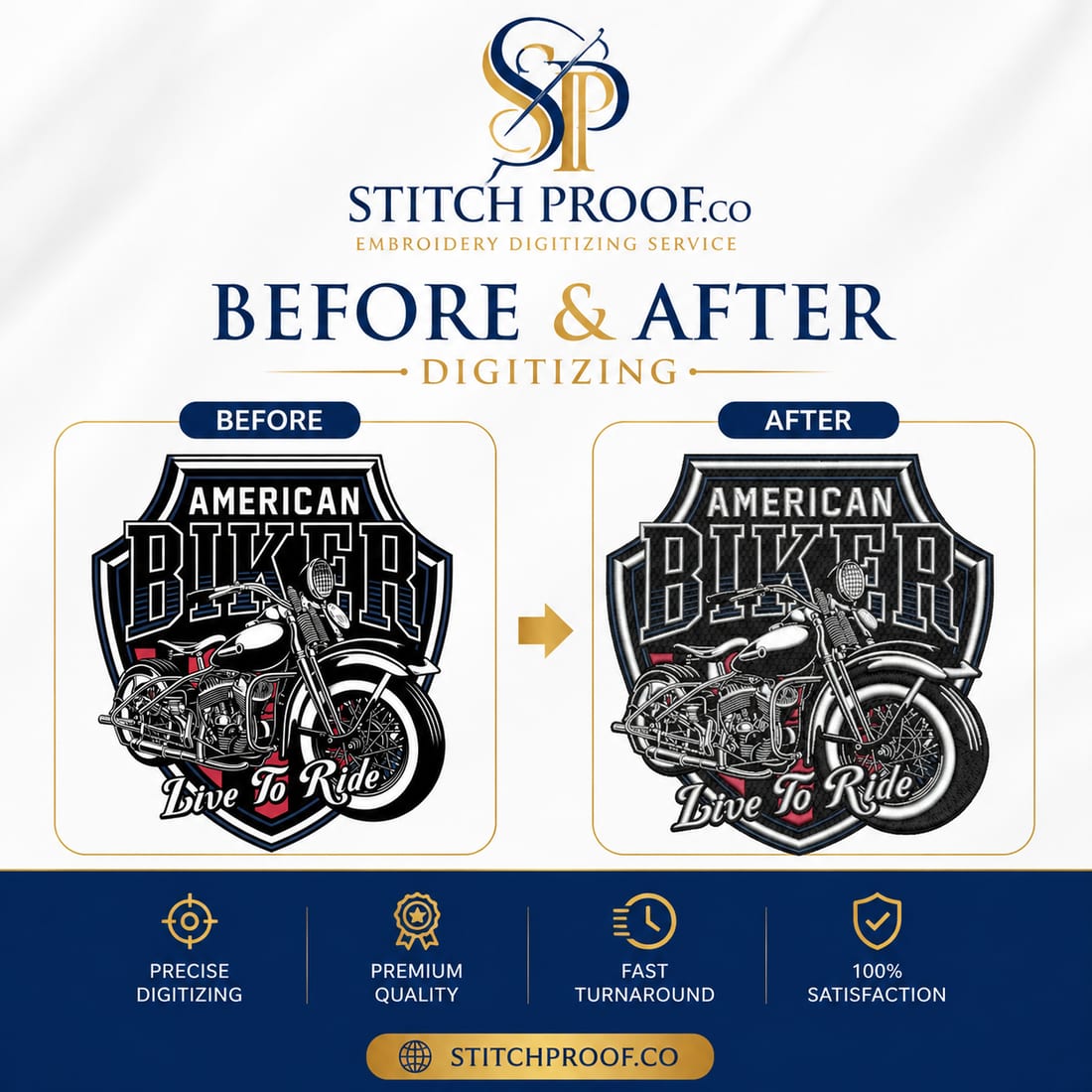 Before and after embroidery digitizing — flat artwork converted to a stitch file by StitchProof (sample 17)