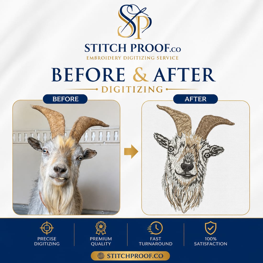 Before and after embroidery digitizing — flat artwork converted to a stitch file by StitchProof (sample 18)
