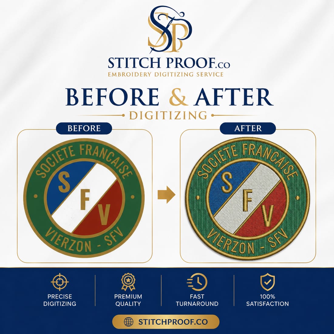 Before and after embroidery digitizing — flat artwork converted to a stitch file by StitchProof (sample 19)