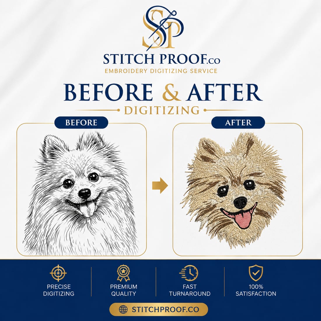 Before and after embroidery digitizing — flat artwork converted to a stitch file by StitchProof (sample 21)