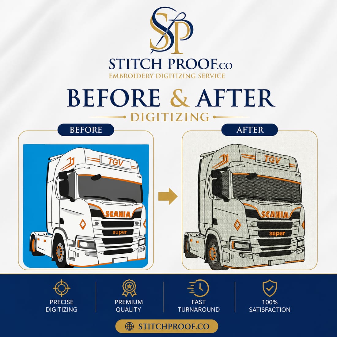 Before and after embroidery digitizing — flat artwork converted to a stitch file by StitchProof (sample 22)
