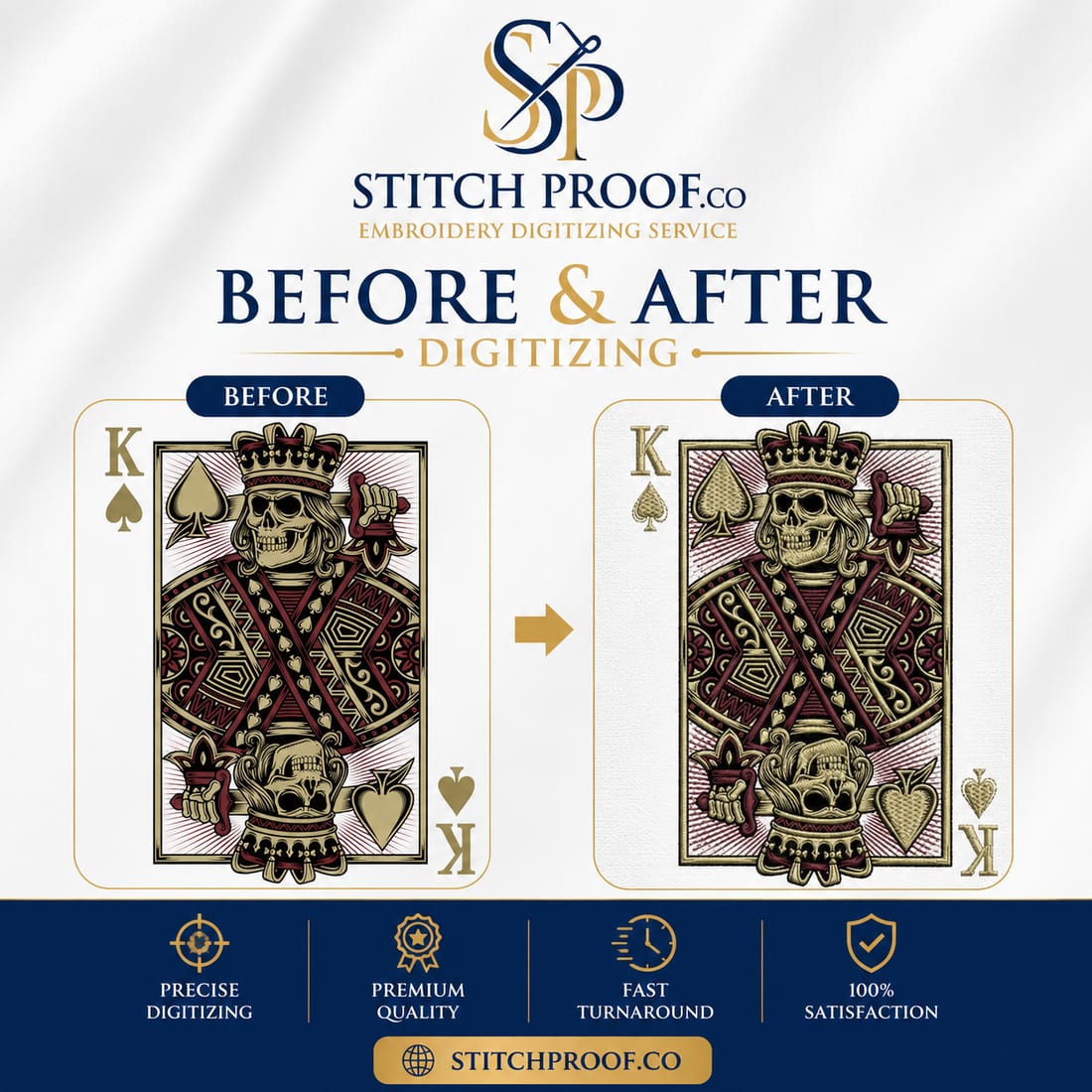 Before and after embroidery digitizing — flat artwork converted to a stitch file by StitchProof (sample 23)