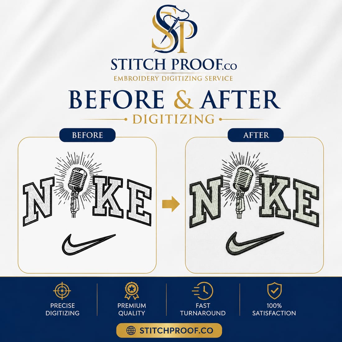 Before and after embroidery digitizing — flat artwork converted to a stitch file by StitchProof (sample 24)