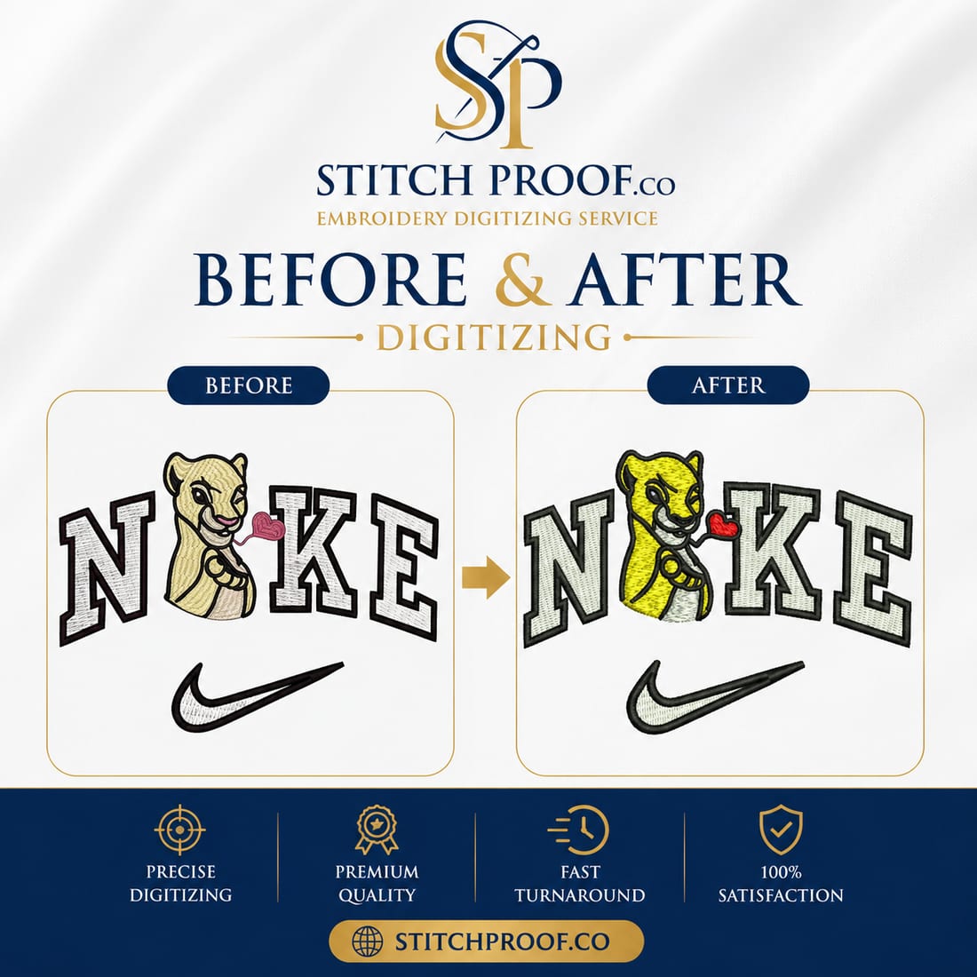 Before and after embroidery digitizing — flat artwork converted to a stitch file by StitchProof (sample 25)