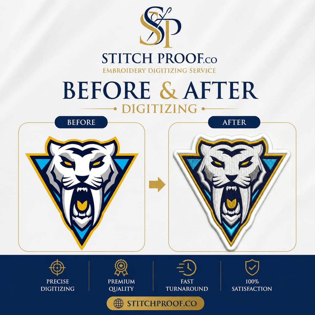 Before and after embroidery digitizing sample by StitchProof