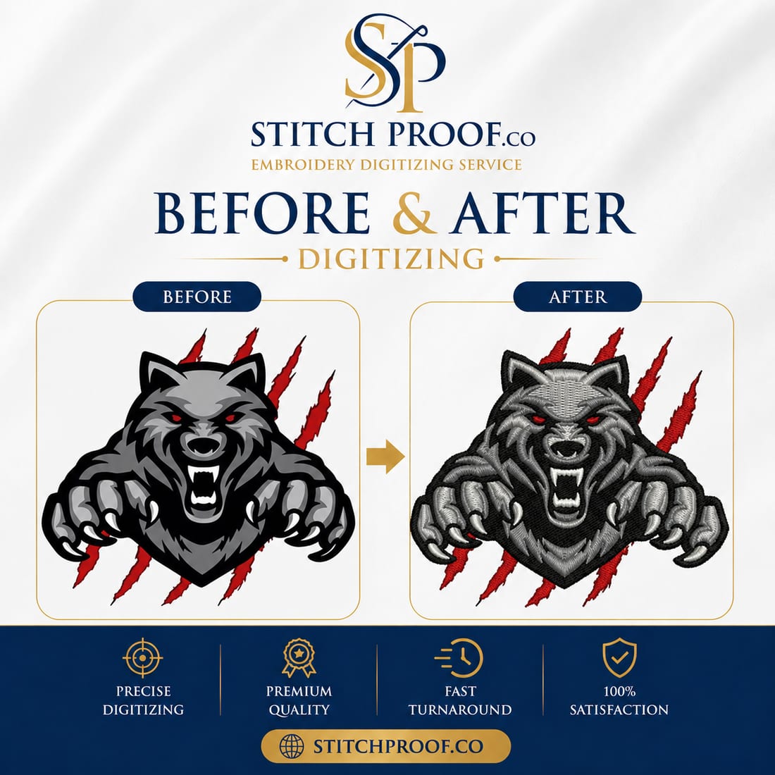 Before and after embroidery digitizing — flat artwork converted to a stitch file by StitchProof (sample 27)