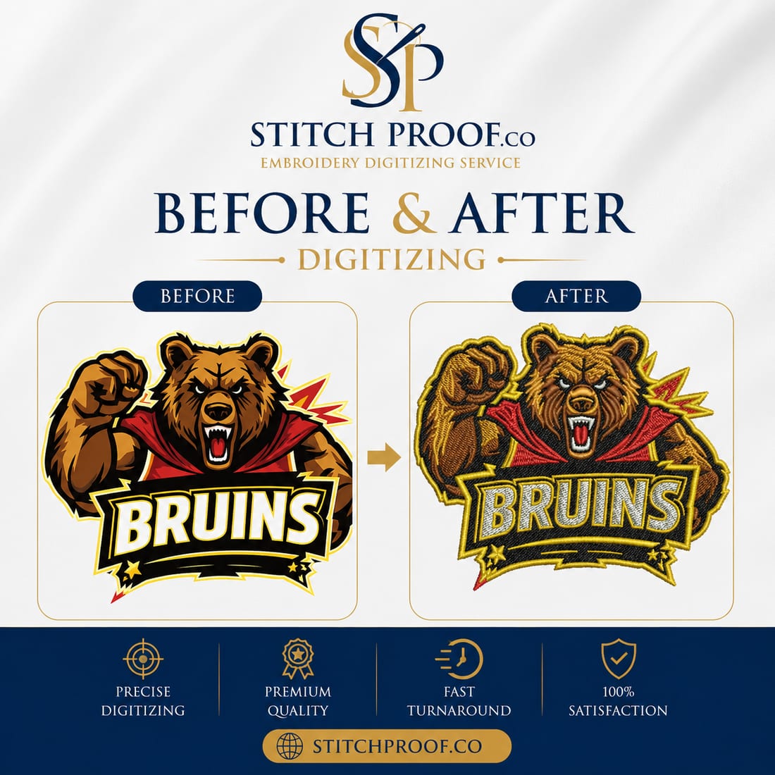 Before and after embroidery digitizing — flat artwork converted to a stitch file by StitchProof (sample 29)