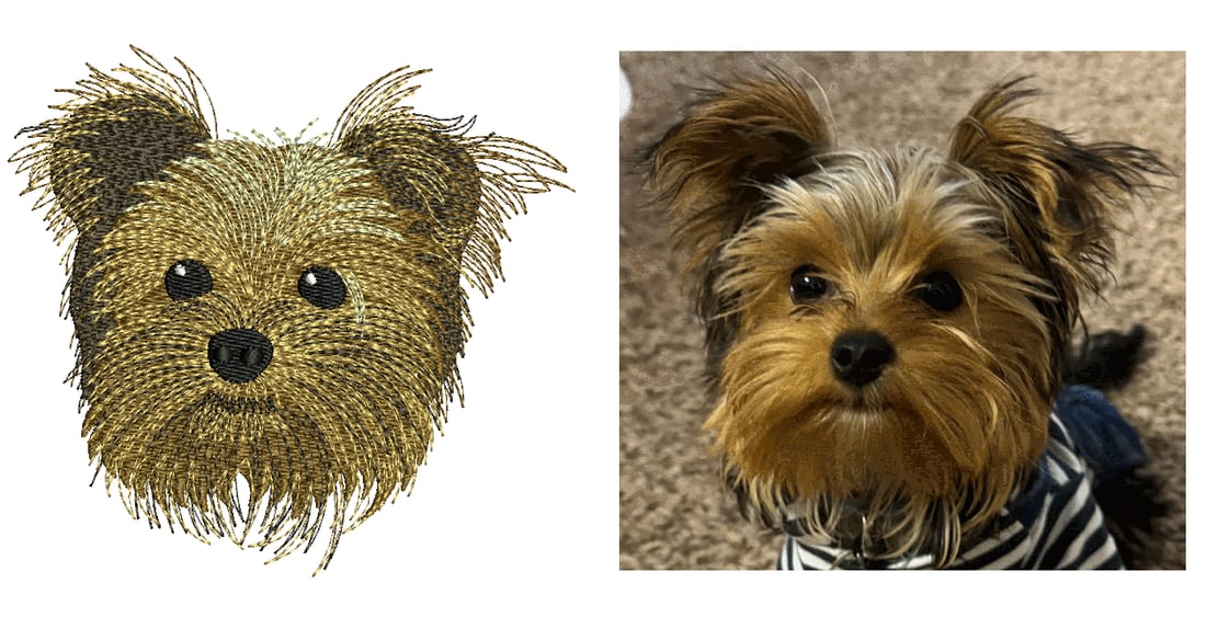 Original artwork shown next to its embroidery stitch simulation