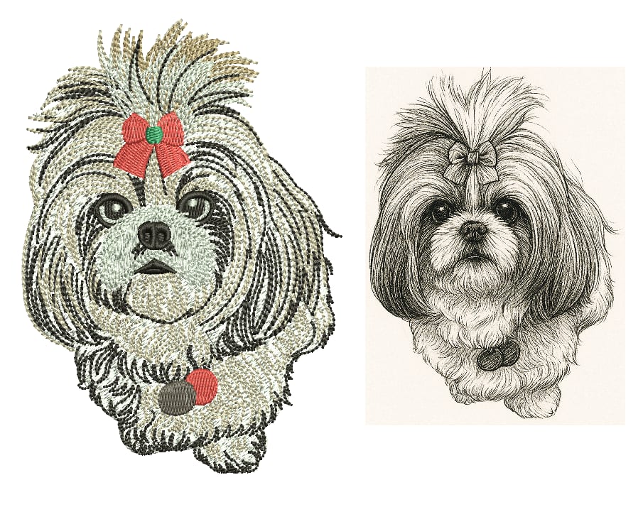 Original artwork shown next to its embroidery stitch simulation