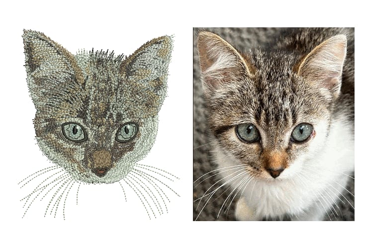 Original artwork shown next to its embroidery stitch simulation