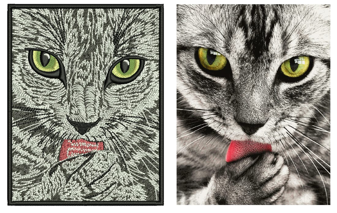 Original artwork shown next to its embroidery stitch simulation