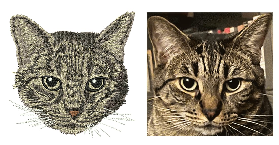 Original artwork shown next to its embroidery stitch simulation