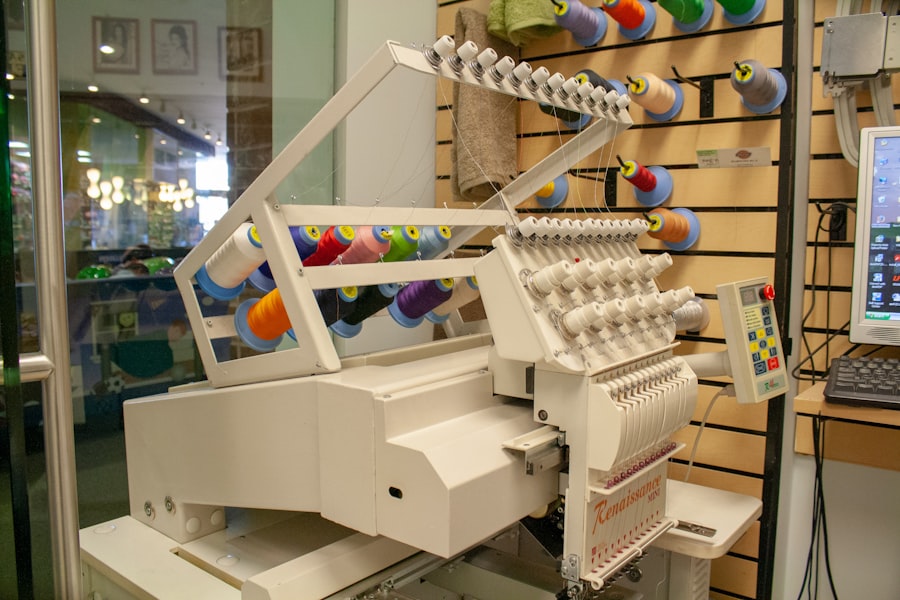 The StitchProof workshop — an embroidery machine standing ready in the studio where the business began