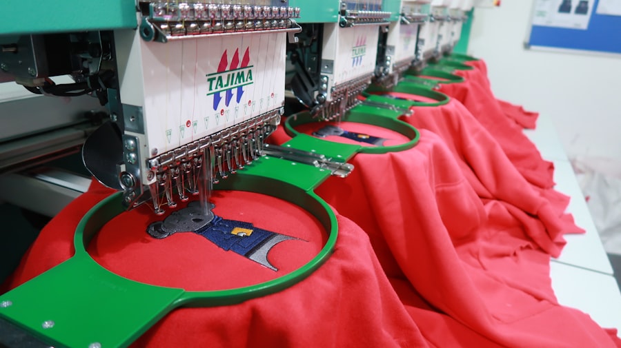 White commercial embroidery machine, the same kind every StitchProof file is sewn out on